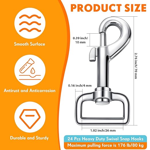 Therwen 24 Pcs Swivel Snap Hooks for Dog Leash Heavy Duty 2.76 Inch Flag Clasp Single Ended Clip Hooks Multipurpose Bolt Snap for Keychain Camera Strap Linking Pet Leash(Delicate Style,1")