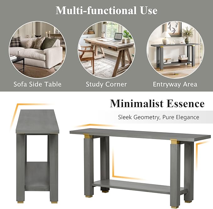 62.9" Modern Minimalist Console Table, Solid Wood Entryway Sofa Table with Metal Accents, 2-Tier with Open Shelf and Built-in Shelf for Living Room, Hallway (Gray-J22)