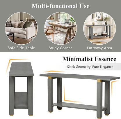 62.9" Modern Minimalist Console Table, Solid Wood Entryway Sofa Table with Metal Accents, 2-Tier with Open Shelf and Built-in Shelf for Living Room, Hallway (Gray-J22)