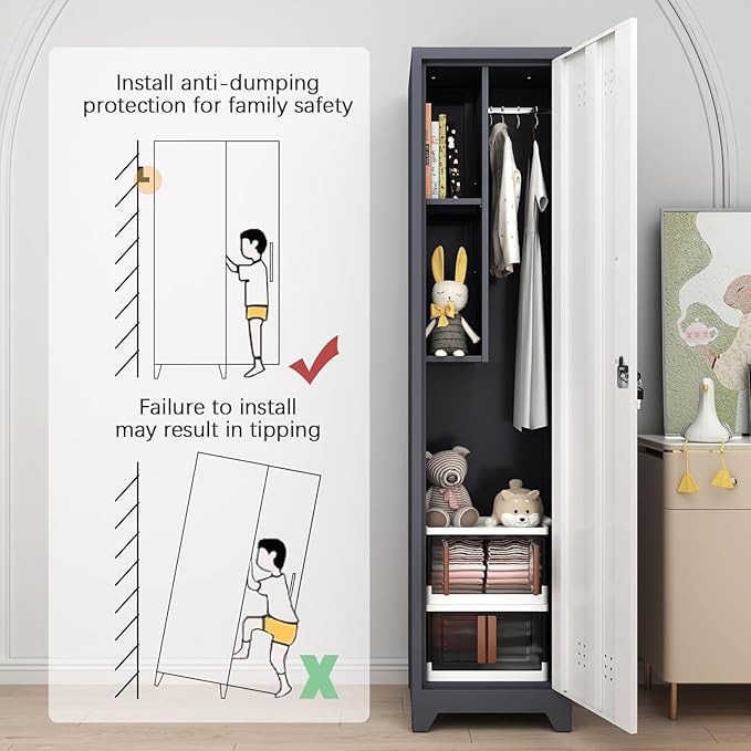 GREATMEET Slim Locking Metal Garage Storage Cabinet, 65" Lockable Utility Closet, Tall Steel Narrow Broom Closet Storage Cabinets with Door and Shelves for Laundry Room, Bathroom, White & Grey