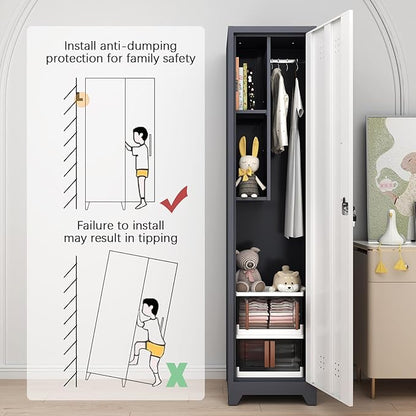 GREATMEET Slim Locking Metal Garage Storage Cabinet, 65" Lockable Utility Closet, Tall Steel Narrow Broom Closet Storage Cabinets with Door and Shelves for Laundry Room, Bathroom, White & Grey