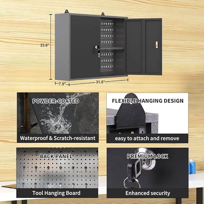 JZD Steel Hanging Upper Garage Cabinets with 22 Tool Hooks, Wall Cabinet for Tool Organization, Black & Grey