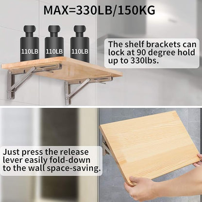 YUMORE Folding Shelf Bracket 14",Heavy Duty Stainless Steel Collapsible Shelf-Bracket Max Load 330lbs Wall Mounted Table Support Hinge for Space-Saving DIY Work Bench with Install Screws, Pack of 2