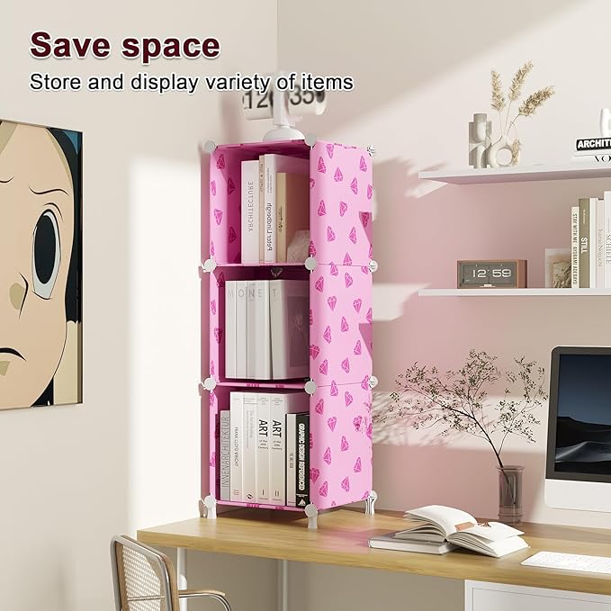 UNKU Cube Storage Organizer, 3 Cube Closet Organizer Storage Shelves, DIY Stackable Bookcase, Clothes Organizer Shelf for Closet, Bedroom, Living Room, Cabinet, Home, Office, Pink