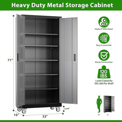 Aobabo Upgraded Garage Storage Cabinets with Wheels,Metal Storage Cabinets with 5 Adjustable Shelves for Garage Home Office Storage, Black&Dark Grey,71''H*32''W*16''D,Assembly Required
