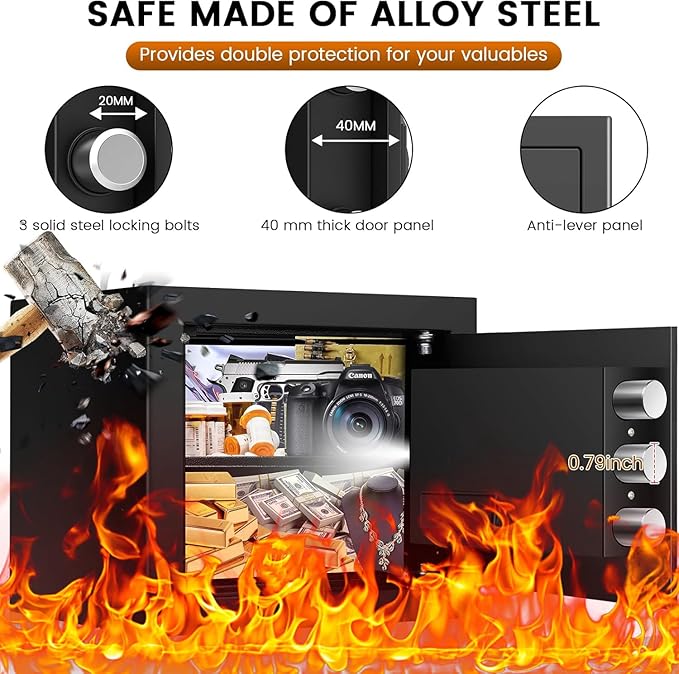 Safe Box, Fireproof Home Safe with Fireproof Waterproof Bag, 9.84 Inches Tall Anti-Theft Digital Security Lock Box with Smart Alert System, Removable Shelf, Mute Function, Document Safes for Jewelry