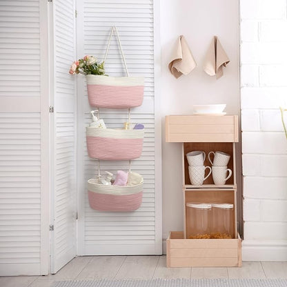 TeoKJ Over the Door Organizer, 3-Tier Woven Cotton Hanging Kitchen Baskets Storage Organizer Bag with Hooks Wall-Mounted Decorative Rope Baskets - Pink+White