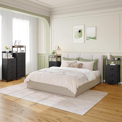 Somdot Night Stand with 4 Drawers, Vertical Storage Tower Fabric Dresser for Bedroom, Nightstand Bedside Table Furniture, Sturdy Steel Frame, Wooden Top & Easy Pull Fabric Bins, Black