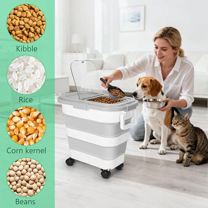 ShineMe Dog Food Storage Container, 30 Lbs Collapsible Food Storage Containers with Rolling Wheel Airtight Locking Lid, Cat Foods Bin with Cup and Scoop, Suitable for Pet Snack, Rice, Flour (Grey)