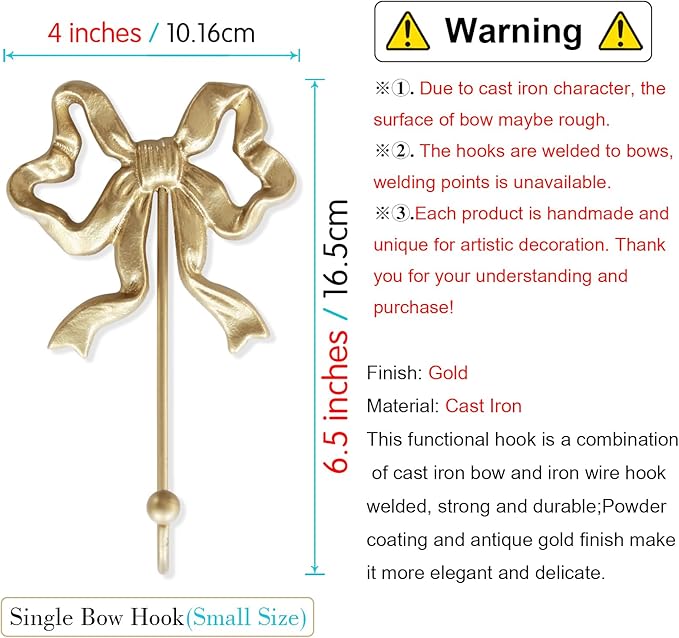 Single Bow Hook,Wall Mounted Functional Hook,Antique Gold Cast Iron Hooks for Coats,Hats,Bags, Bath Towels ,Room Decorations,Hallway,Bathroom,Kitchen,Office (Small single Bow Hooks:4.1x6.5 inches)