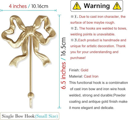 Single Bow Hook,Wall Mounted Functional Hook,Antique Gold Cast Iron Hooks for Coats,Hats,Bags, Bath Towels ,Room Decorations,Hallway,Bathroom,Kitchen,Office (Small single Bow Hooks:4.1x6.5 inches)