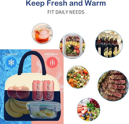 DALINDA Lunch Bag Women, Lunch Box for Women Men Reusable Insulated Lunch Tote Bag, Handbags Case High Capacity for Travel Work Picnic,white blue