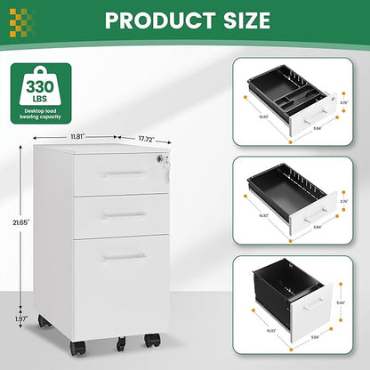 3 Drawer Slim File Cabinet, Mobile File Cabinet with Lock for Home Office, Rolling Narrow File Cabinet, Under Desk Locking Filing Cabinet on Wheels for Legal/Letter/A4 File(Unassembled,White)