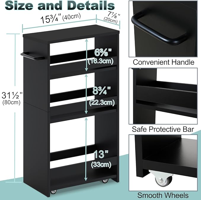 MARTY Rolling Storage Cart 7.9" W, 4-Tier Kitchen Cart with Wheels Handle, Slim Storage Cart Mobile Shelving Utility Carts for Bathroom Laundry Room Organization Narrow Places (All Black)