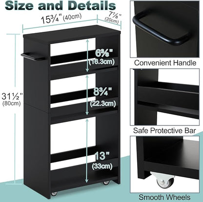MARTY Rolling Storage Cart 7.9" W, 4-Tier Kitchen Cart with Wheels Handle, Slim Storage Cart Mobile Shelving Utility Carts for Bathroom Laundry Room Organization Narrow Places (All Black)