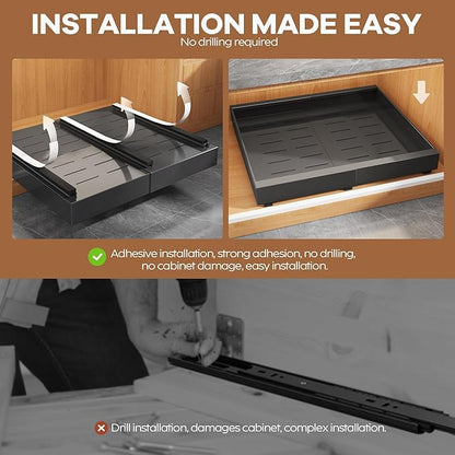 4 Pack Expandable Width (15.15"-26.3") Pull Out Cabinet Organizer 21" Deep with Raising Pad for Framed Cabinets, Upgrade 3 Slide Rails Slide Out Drawers, Roll Out Shelves Adhesive, Black