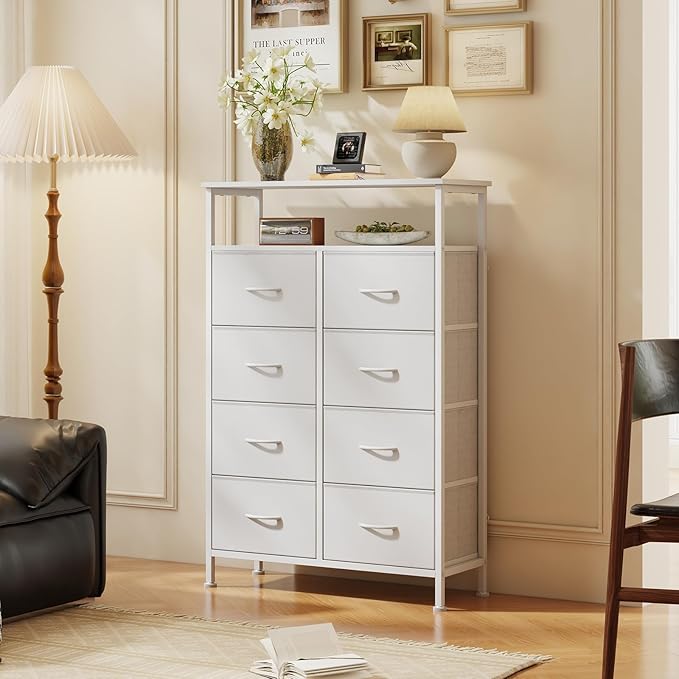 DUMOS TV Stands for Living Room with 8 Drawers, Tall 8-Drawer Chest of Drawers with Raised Shelf, Storage Tower with Fabric Bins for Organization, Hallway Storage, White