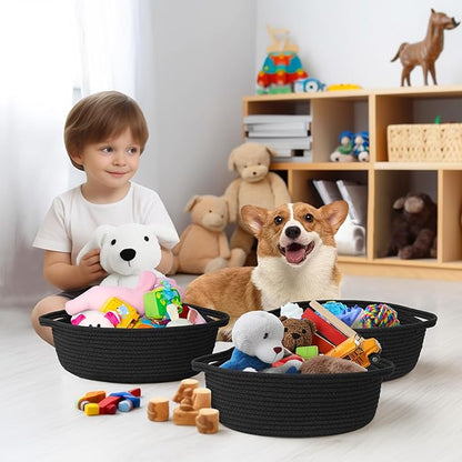 Small Baskets for Gifts Empty, 13"x 9"x 5" Woven Gift Basket with Bag and Ribbon, Cotton Rope Kids Dog Cat Toy Bin Box, Cute Baby Nursery Organizer, Decorative Storage with Handles (Black)