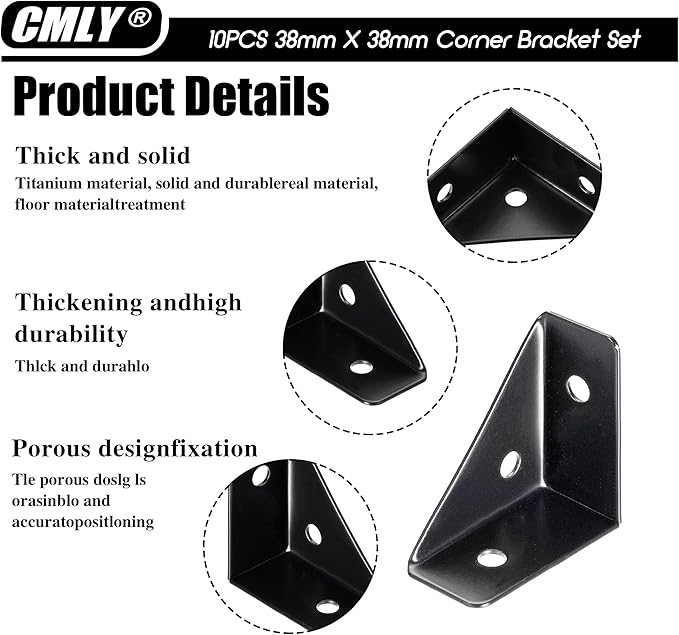 CMLY Corner Brackets, 10Pcs 38mm x 38mm, Black Steel, Triangle Shelf Brackets, Corner Desk Connectors for Wood, Metal, Table, Cabinet