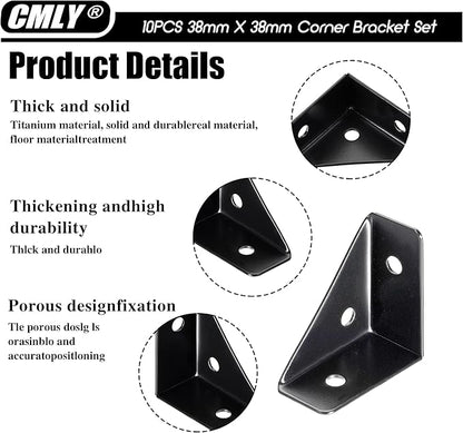 CMLY Corner Brackets, 10Pcs 38mm x 38mm, Black Steel, Triangle Shelf Brackets, Corner Desk Connectors for Wood, Metal, Table, Cabinet