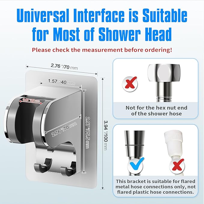 JONKEAN Shower Head Holder Without Drilling, 3m Handheld Shower Head Holder Adhesive, 50°Adjustable Shower Wand Holder Wall Mount, Shower Head Bracket with Hook (Chrome, 1 Pack)