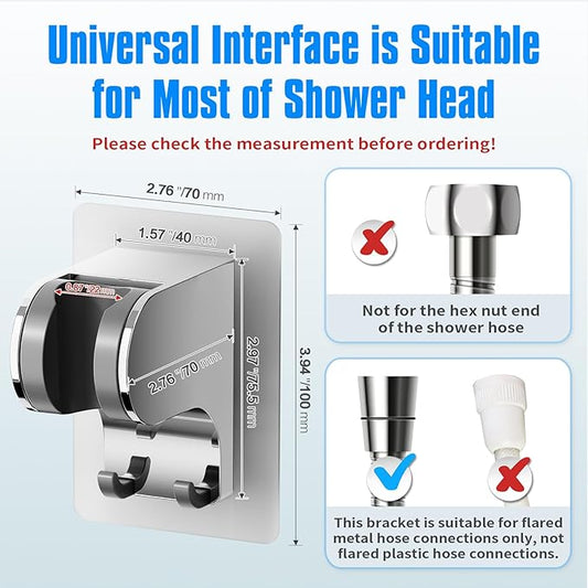 JONKEAN Shower Head Holder Without Drilling, 3m Handheld Shower Head Holder Adhesive, 50°Adjustable Shower Wand Holder Wall Mount, Shower Head Bracket with Hook (Chrome, 1 Pack)