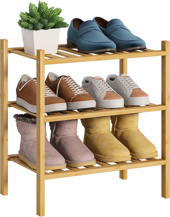 BMOSU 3-Tier Bamboo Small Shoe Rack Premium Stackable Shoe Shelf Storage Organizer for Hallway Closet Living Room Entryway Organizer (Natural Bamboo)