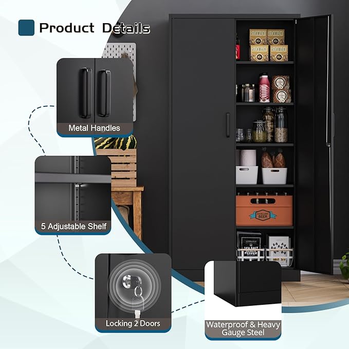 MIIIKO Metal Garage Storage Cabinet with 2 Doors and 5 Shelves,71" Metal Cabinets,Lockable Storage Cabinet for Home Office,Garage.
