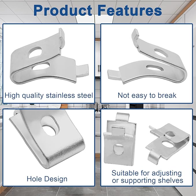 24 Pack Pilaster Shelf Support Clip, Adjustable Stainless Steel Shelving Brackets Clips for Kitchen Cabinet Bookcase