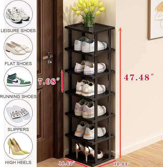 Vertical Shoe Rack - Tall Narrow Shoe Rack Organizer for Small Spaces,7 Tier Bamboo Shoen Shelf for Entryway,Closet,Corner,Doorway,Skinny Shoe Shelf Space Saving Shoe Storage,Free Stackable DIY