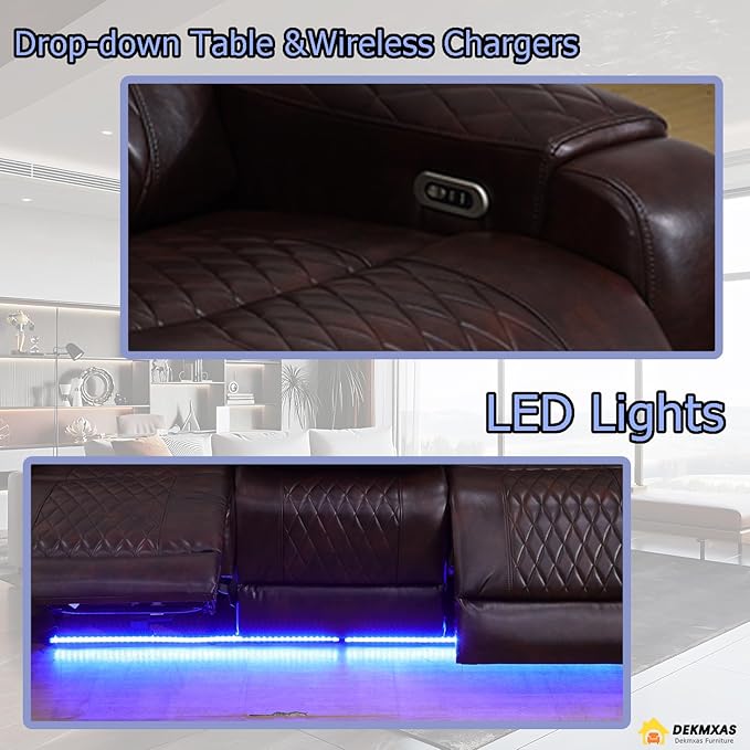 Living Room Furniture Sets, 3-Piece Power Reclining Breathing Leather Sofa Set with Storage Console, 5 Power Recliner Seats/Cup Holder/LED Light/USB Port for Living Room Sofa, Office