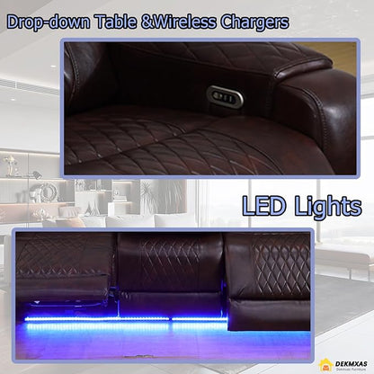 Living Room Furniture Sets, 3-Piece Power Reclining Breathing Leather Sofa Set with Storage Console, 5 Power Recliner Seats/Cup Holder/LED Light/USB Port for Living Room Sofa, Office