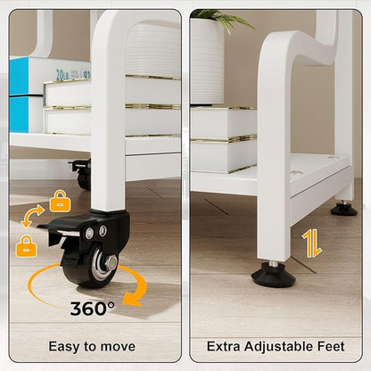 Natwind 3-Tier Printer Stand with Wheels Movable Storage Cart Floor-Standing Multi-Purpose Shelf Rack for Media Player Scanner Files Books Microwave Oven in Kitchen Living Room Home Office (White)