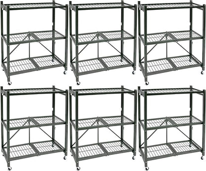 Origami 6-Pack 3-Tier Foldable Storage Shelves, Garage Shelf Rack Unit with Wheels, Pewter