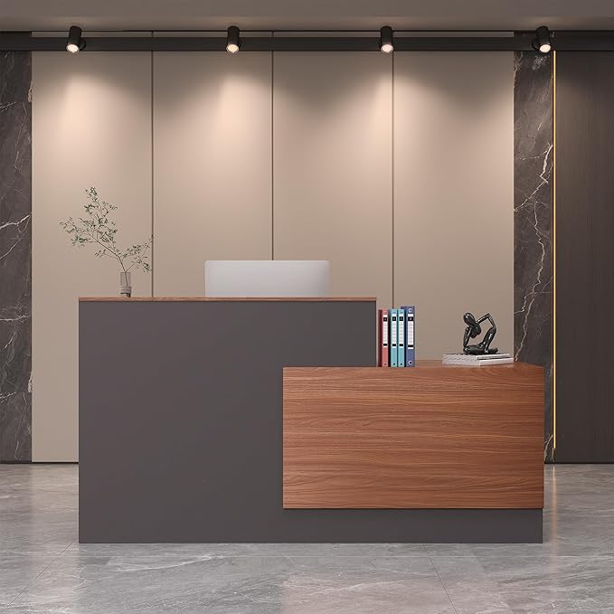 L-Shaped Reception Desk with Lockable Drawers, Adjustable File Cabinet & Keyboard Tray, Modern Front Counter for Office, Salon, or Lobby (Left-L Walnut/Slate Gray, 70.9''L x 23.6''W x 41.3''H)