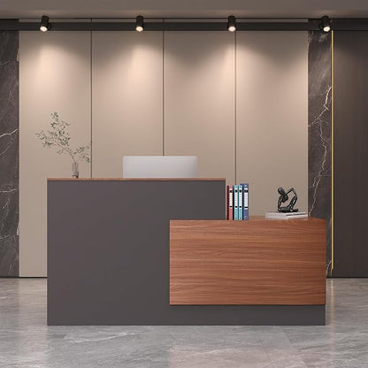 L-Shaped Reception Desk with Lockable Drawers, Adjustable File Cabinet & Keyboard Tray, Modern Front Counter for Office, Salon, or Lobby (Left-L Walnut/Slate Gray, 70.9''L x 23.6''W x 41.3''H)