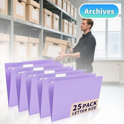 25-Pack Light Purple Hanging File Folders, Letter Size, Includes 35 Transparent Label Cards & 50 Sticker Labels,1/5-Cut Tabs for Home & Office Organization