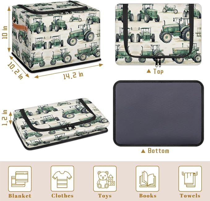 Tractor Truck Storage Bins with Zipper Lid, Collapsible Fabric Storage Basket with Leather Handles Closet Shelf Cloth Organizer Basket for Nursery Bedroom Clothes Toy