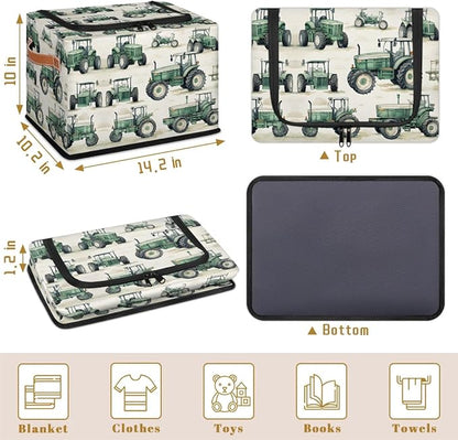 Tractor Truck Storage Bins with Zipper Lid, Collapsible Fabric Storage Basket with Leather Handles Closet Shelf Cloth Organizer Basket for Nursery Bedroom Clothes Toy