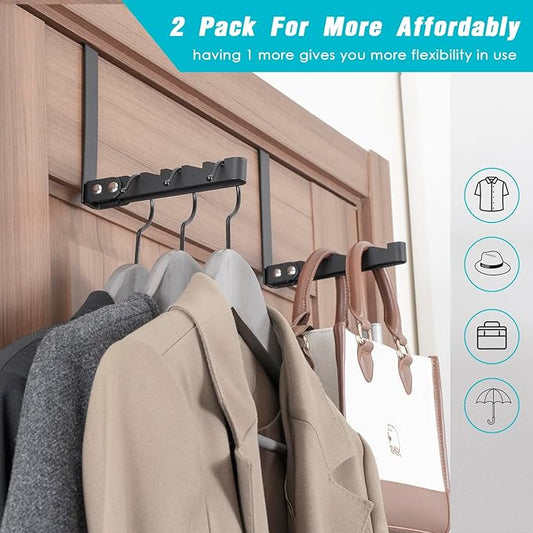 2 Pack Clothes Drying Rack, All Metal Over The Door Hooks, Thickness Adjustable, Collapsible, Space-saving Hangers Organizer, Fit 1/2/5'' Doors (Black)