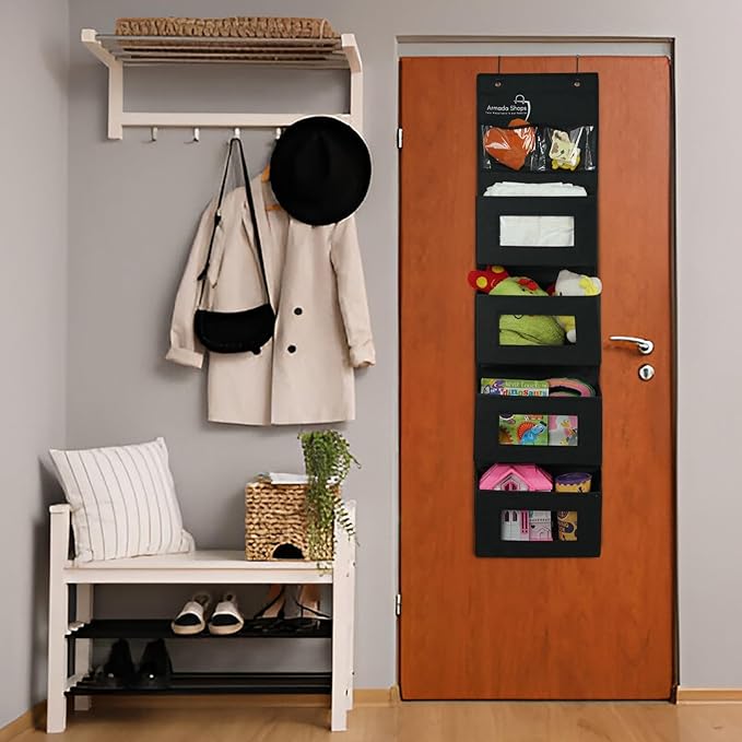 4 Tires Over The Door Organizer- Hanging Shelves with 2 Large Capacity Pockets-Storage Organizer For Kitchen, Baby Organizer Toys Nursery, Bathroom, Bedroom Hanging Closet Organizer-Black