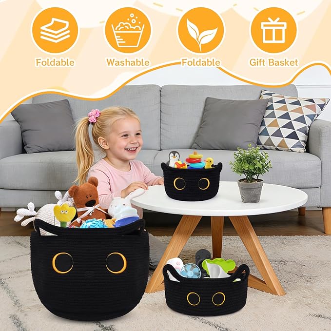 3Pack Black Cat Cute Storage Basket Set for Nursery- Small, Oval, Large Woven Gift Basket, Rope Cotton Bins with Lover Handles, Baby Laundry 0rganizer Shower Towel Blanket Clothes (9/12/15In)
