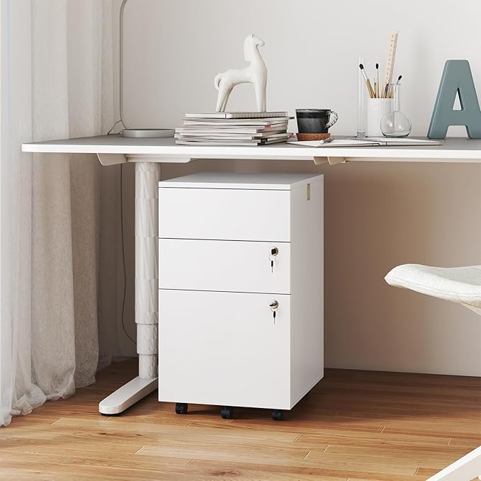 Giantex 3-Drawer File Cabinet with Lock, 27-Inches Storage Cabinet with 2 Side Hooks, Mobile Printer Stand, Wheels, 4 Keys, Vertical Filing Organizer fits Letter/A4 Size for Home Office (White)