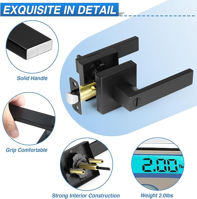 5 Pack Matte Black Door Handles, Keyless Interior Door Knobs, Privacy Door Lever Locksets for Bedroom Bathroom, Heavy Duty Square Door Lock (2.0lb), Reversible for Left&Right Handled Doors