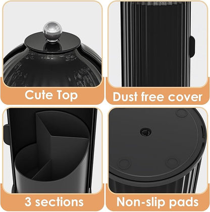 Makeup Brush Holder with Lid 360 Rotating Clear Dustproof Make Up Organizers for Vanity Bathroom Countertop, All Black