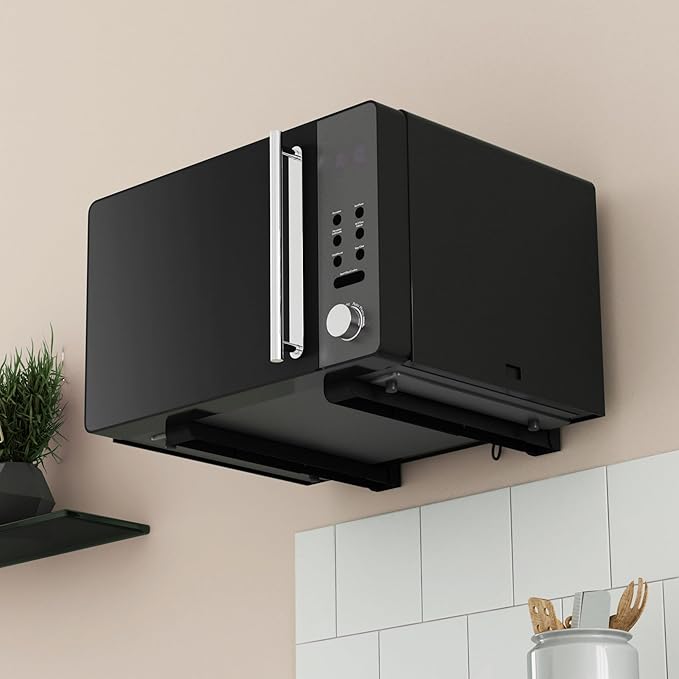 AVF Wall-Mounted Microwave Oven Brackets – Universal Fit, Heavy-Duty Black Steel – Adjustable Arms Hold Up to 99 lbs – Set of 2 Microwave Shelf Support Brackets