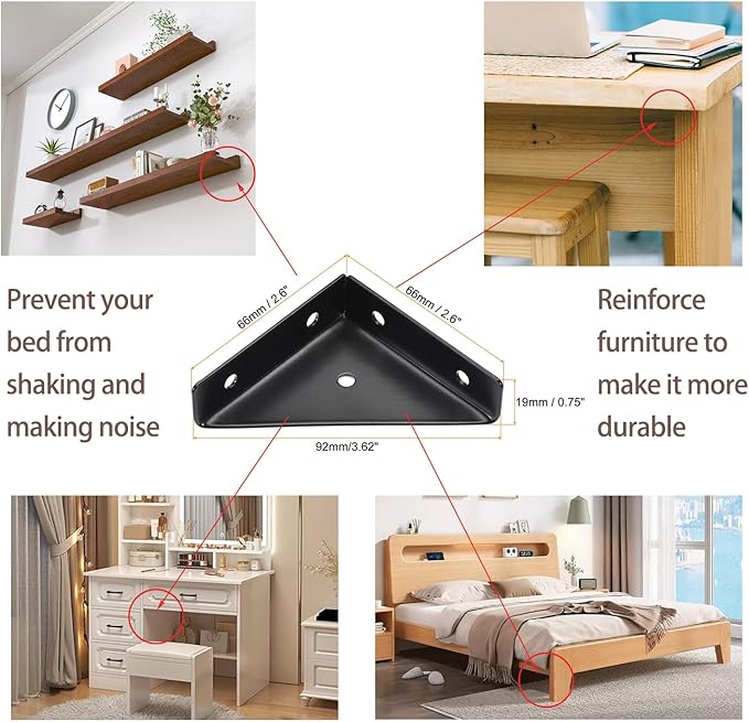 4 Pcs Trapeziform Angle Brackets, Shelf Brackets Heavy Duty Triangular Bracket Fastener, Cold Rolled Steel Braces Joining Support for Desk Bed Edge (Black), SJ2-WDQ-4P