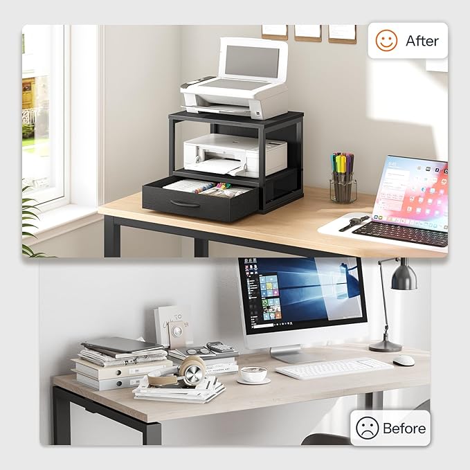 HOOBRO 2-Tier Desktop Printer Stand with Drawer, Under-Desk Printer Table with Storage Shelf, for Home Office, Kitchen, Fax Machine, Scanner, Black BB07PS01