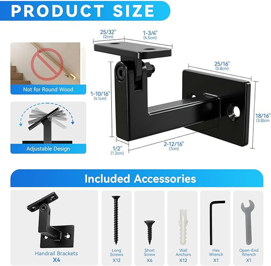 4 Pack Handrail Brackets, Laysmkit Adjustable Handrail Bracket for Staircase, Black Hand Rail Bracket, Wall Mounted Stair Railing Brackets with Installation Hardware for Stairs, Bedroom, Corridors