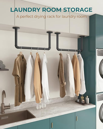 OROPY Industrial Pipe Clothes Rack 21.2” Set of 2, Heavy Duty Wall Mounted Black Iron Garment Bar, Multi-Purpose Clothing Hanging Rod for Laundry Room and Closet Storage